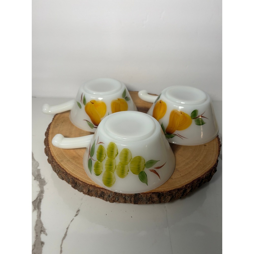 Vintage Fire-King Milk Glass Fruit Chili Bowls Set of 3 Pear Grapes Hand Painted
